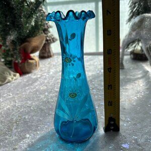 Vintage Czech Blue Vase with Hand Painted Flowers